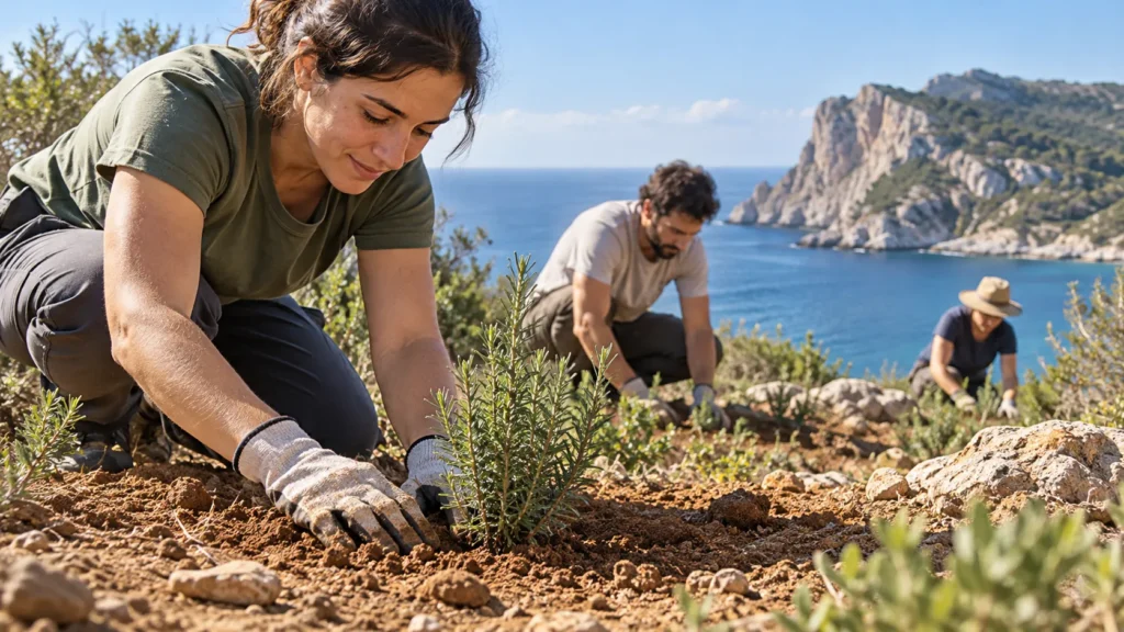 Ilustración de voluntarios que restauran vegetación mediterránea junto a la costa.