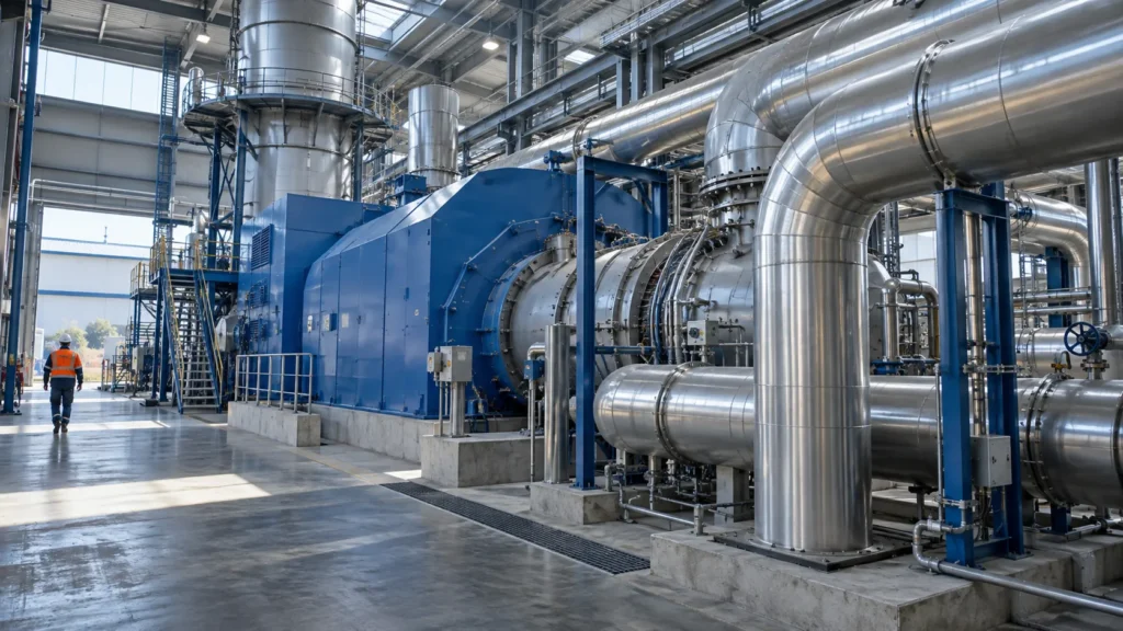 Ilustración de una turbina industrial y tuberías de recuperación de calor en una central de cogeneración.