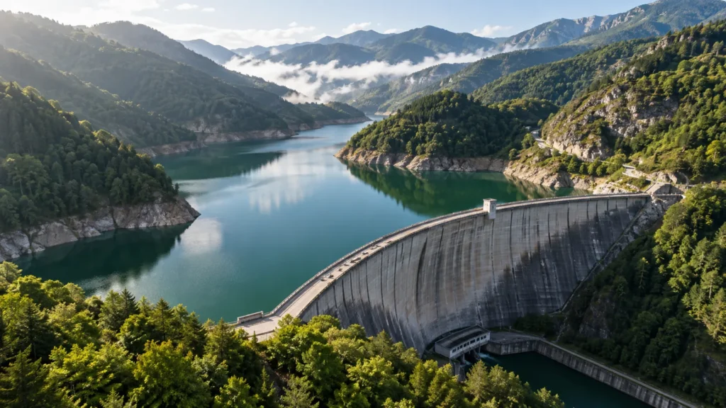 Ilustración aérea de un embalse de montaña y una presa asociados al almacenamiento hidroeléctrico.