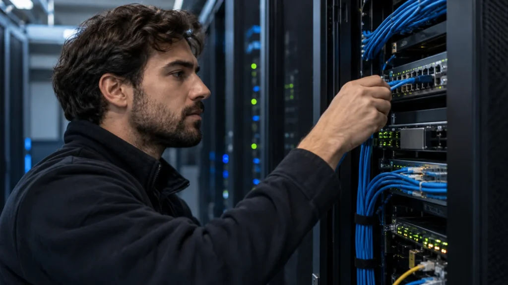 Ilustración fotorrealista de un técnico conectando cableado de red en un centro de datos.