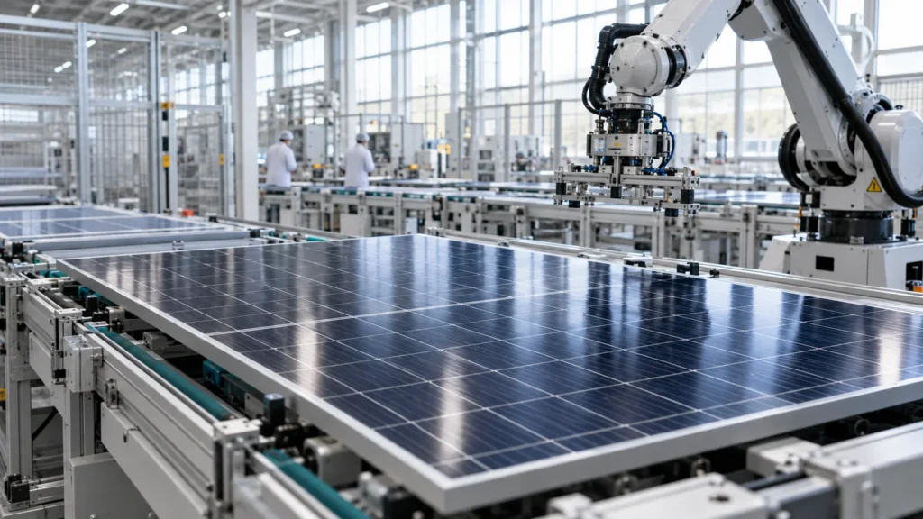 Ilustración fotorrealista de una línea industrial de fabricación de módulos solares.