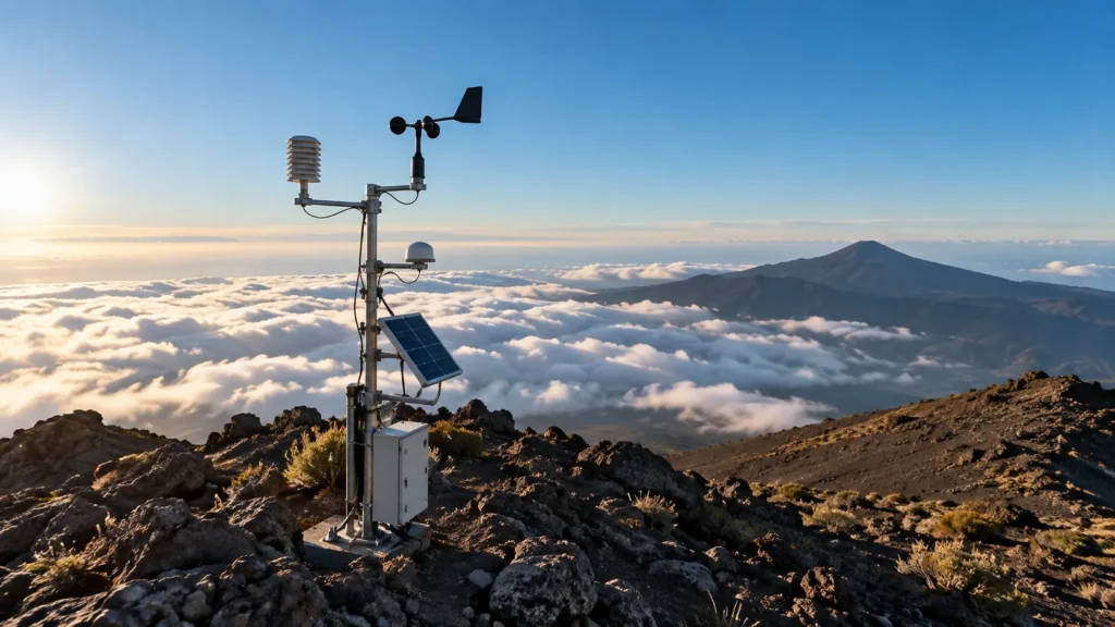 Ilustración fotorrealista de instrumentos de medición atmosférica sobre un mar de nubes.