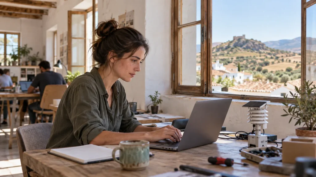 Ilustración fotorrealista de una emprendedora trabajando en un espacio rural de innovación.