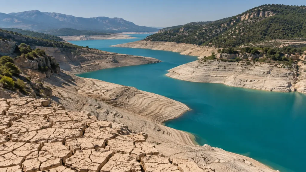 Ilustración fotorrealista de un embalse con nivel bajo y terreno seco.