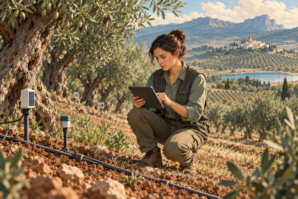 Ilustración de una agrónoma utilizando sensores y una tableta en un olivar.