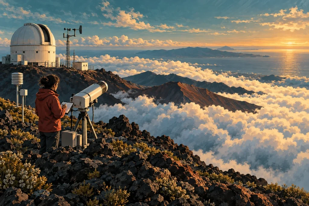 Ilustración de investigación atmosférica en un observatorio de montaña.
