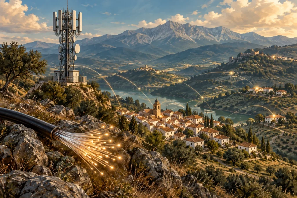 Ilustración de conectividad con antena de telecomunicaciones y fibra óptica en una localidad.