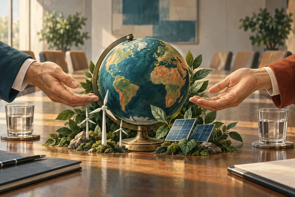 Ilustración de cooperación internacional sobre energía limpia, con un globo y tecnologías renovables.