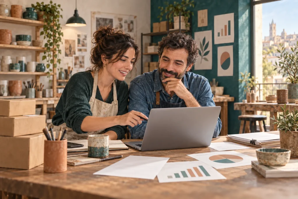 Ilustración de pequeños empresarios utilizando herramientas digitales en su taller.