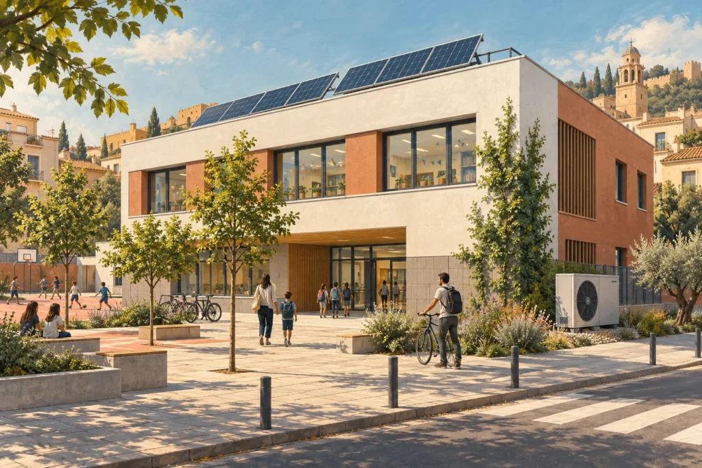 Ilustración de un edificio público eficiente con paneles solares y bomba de calor.