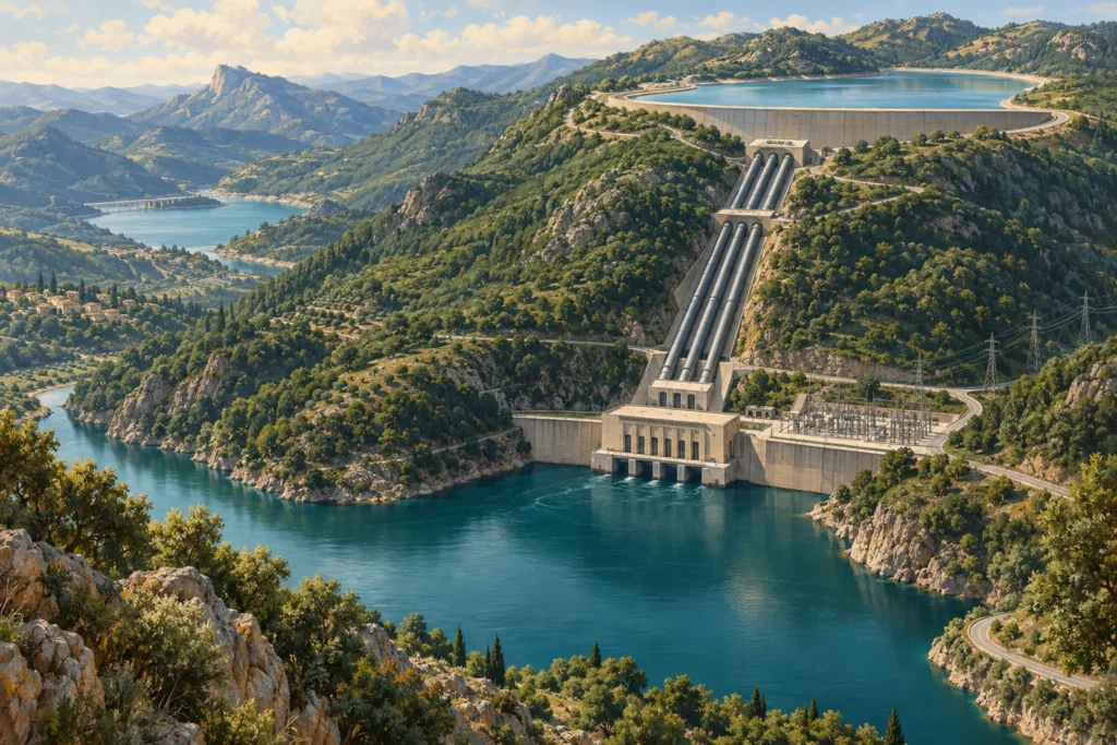 Ilustración de una central hidroeléctrica de bombeo con dos embalses a distinta altura.