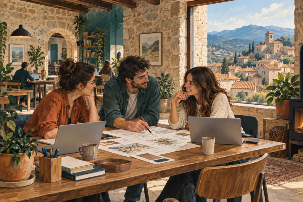 Ilustración de emprendedores trabajando en un centro de innovación de un pueblo.