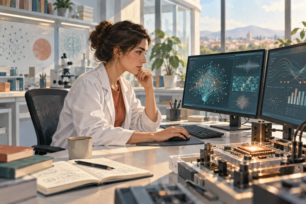 Ilustración de una investigadora trabajando con sistemas de inteligencia artificial.