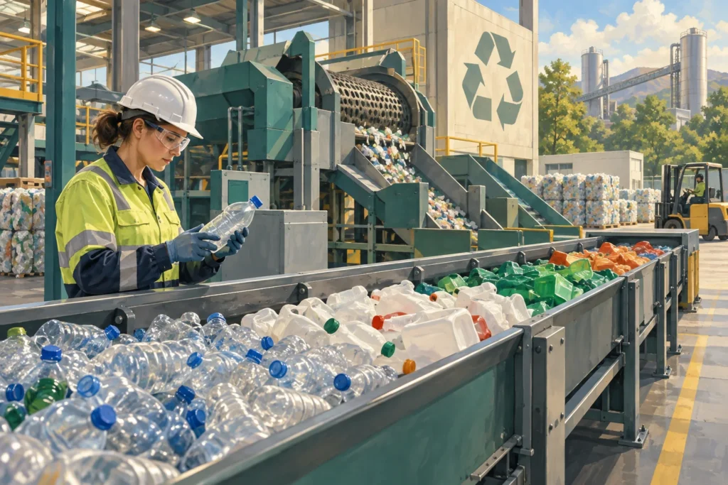 Ilustración de una instalación de clasificación y reciclaje de envases de plástico.