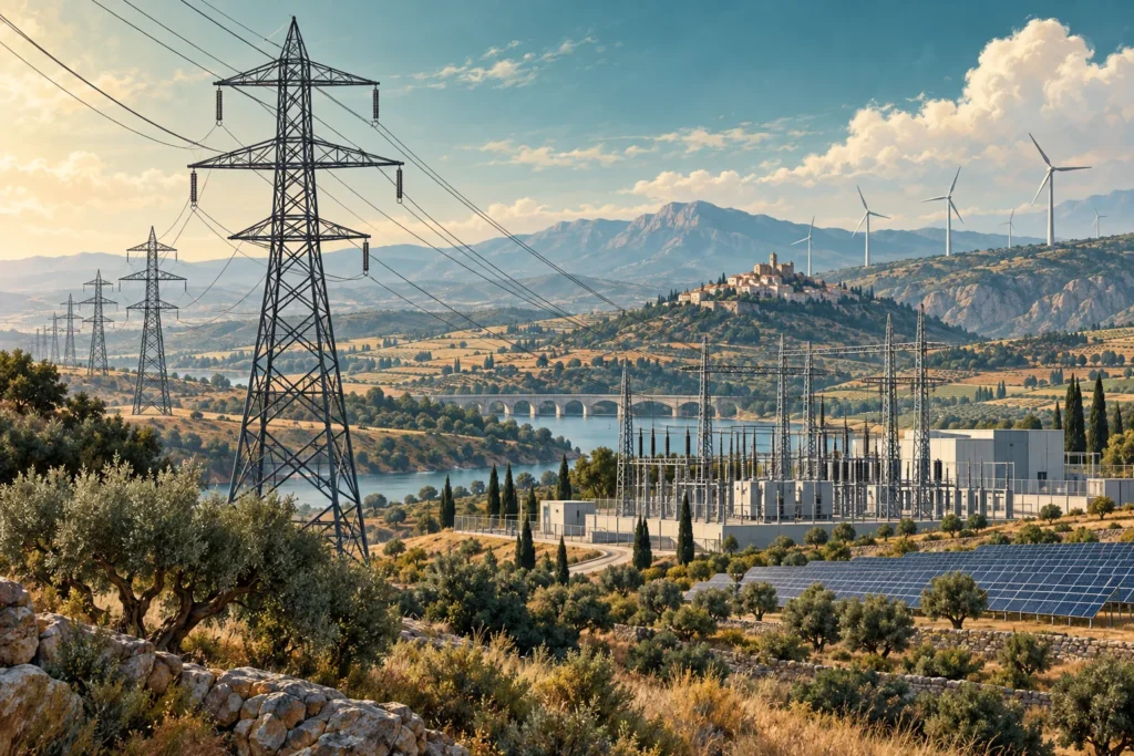 Ilustración de una red eléctrica con subestación, líneas de alta tensión y energías renovables.