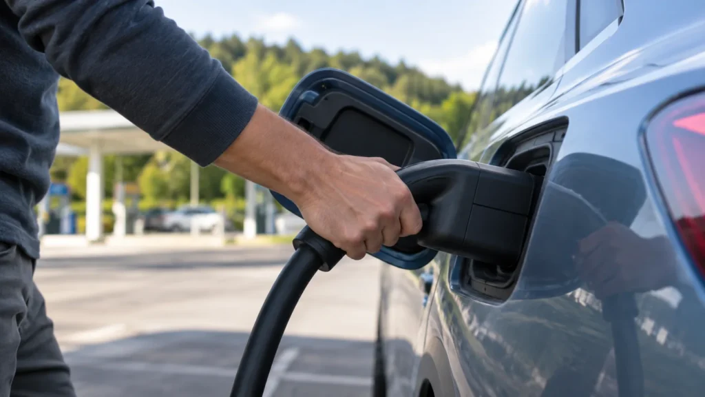 Ilustración fotorrealista de una persona conectando un cargador a un coche eléctrico.