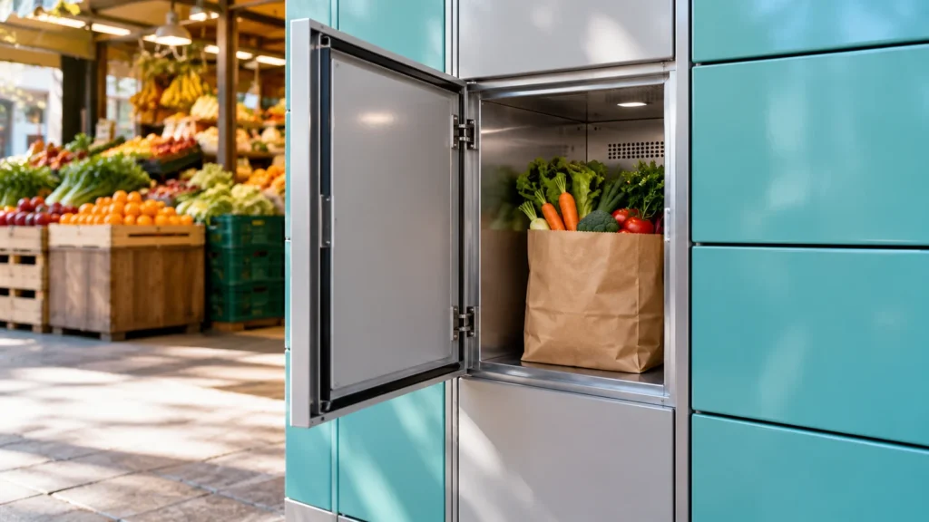 Ilustración de una taquilla refrigerada abierta con una bolsa de verduras en un mercado