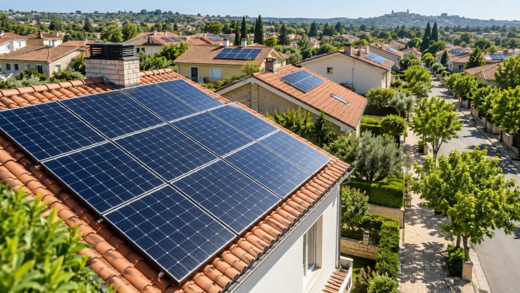 Ilustración de paneles solares instalados sobre tejados europeos bajo luz de mediodía.
