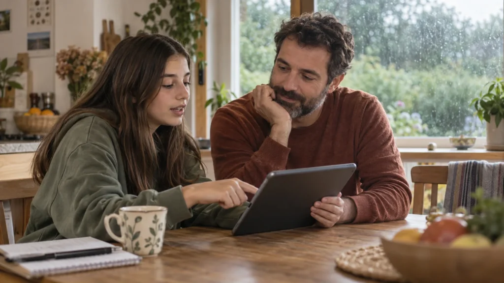 Ilustración de un padre y su hija adolescente revisando juntos una tableta en casa.
