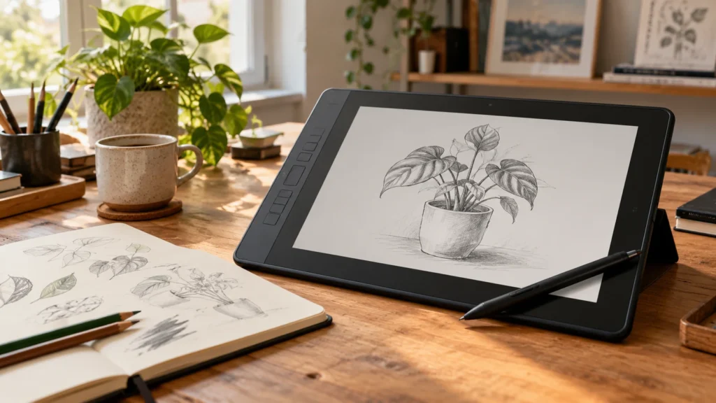 Ilustración de una tableta gráfica con un dibujo de una planta junto a un cuaderno de bocetos