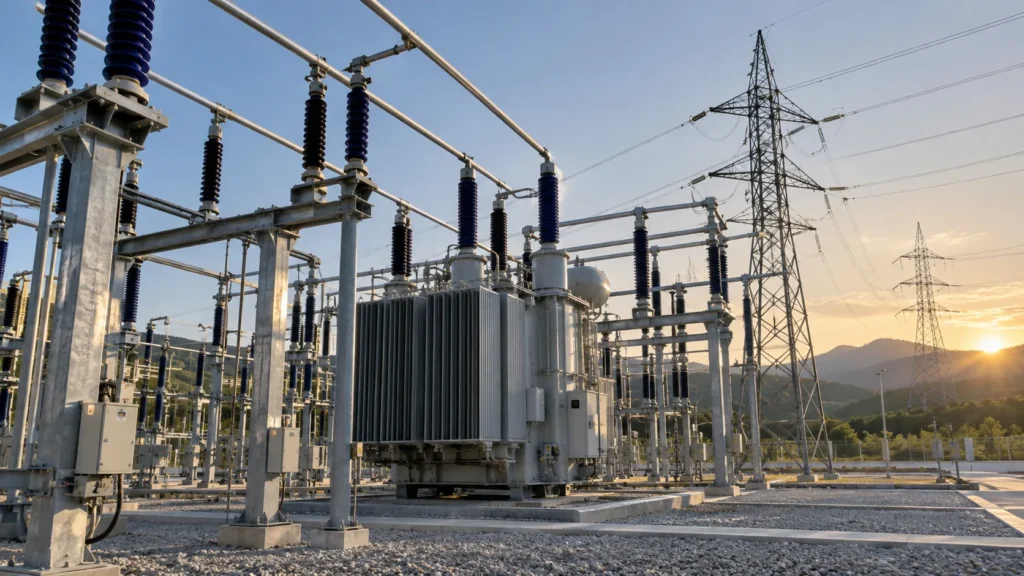 Ilustración de una subestación eléctrica con transformadores y líneas de alta tensión.