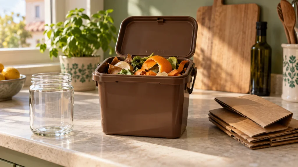 Cubo de restos orgánicos junto a un tarro de vidrio y cartón separados en una cocina