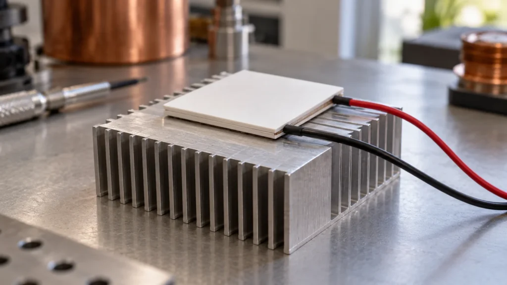 Ilustración de un módulo termoeléctrico sobre un disipador de aluminio en una mesa de laboratorio