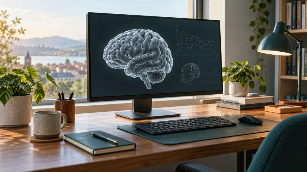 Ordenador con una representación conceptual del cerebro en pantalla, ilustración generada con IA