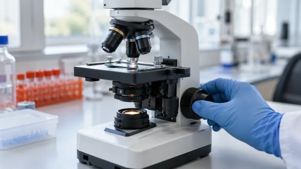 Mano con guante ajustando el enfoque de un microscopio en un laboratorio